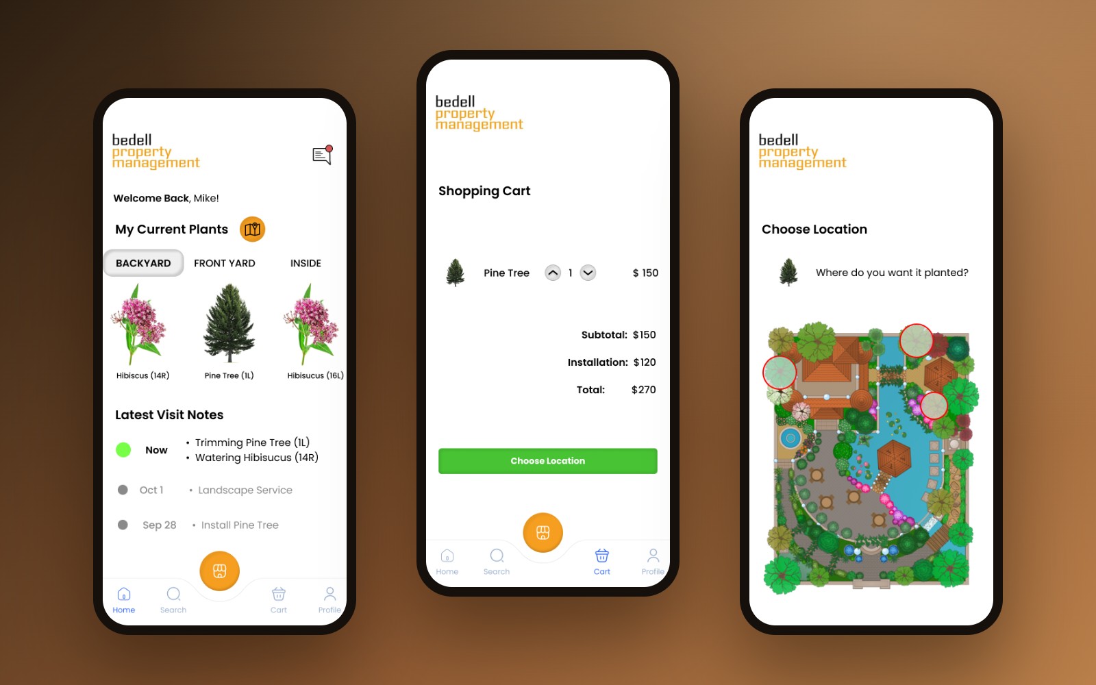 Bedell Property Management mobile app — home, shopping cart, and choose location screens