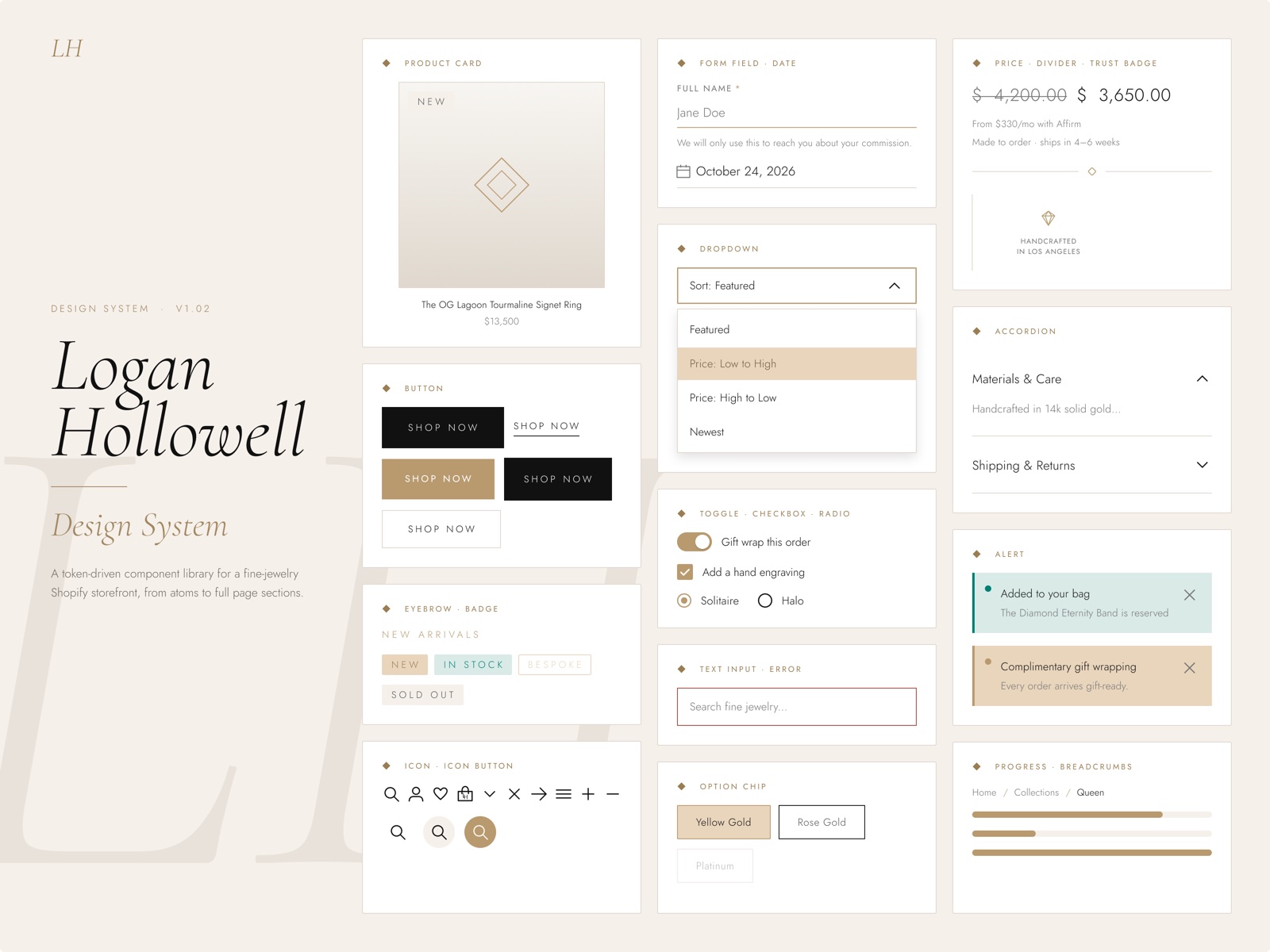 Logan Hollowell design system cover — product card, buttons, form fields, dropdown, toggle, checkbox, radio, badges, alerts, accordion, option chips, icons, and breadcrumbs